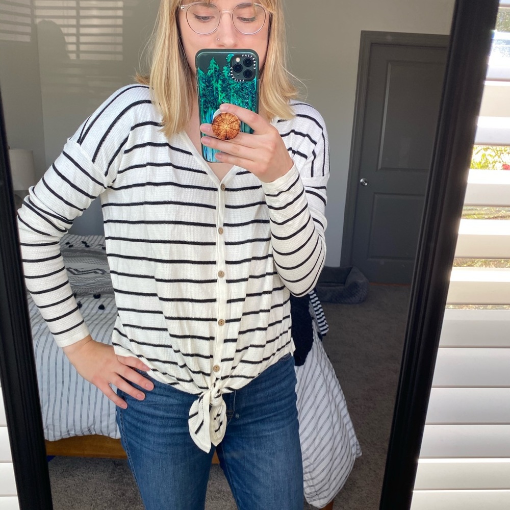 Striped tie front long sleeve waffle tee
